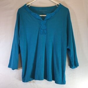 Allison Daley Lace Trim Top L Turquoise 3/4 Sleeve Boho Chic Classic Mature